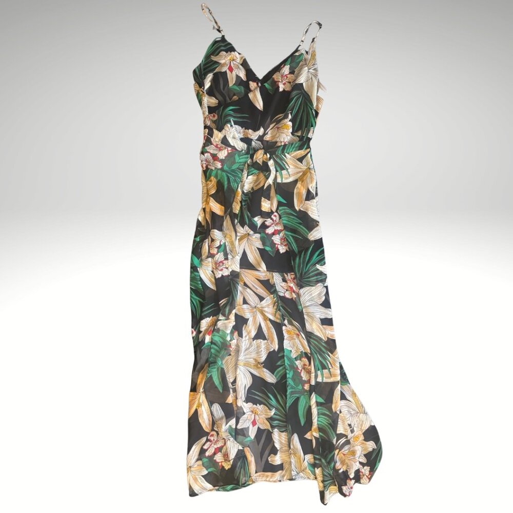 GUESS Black Floral High-Low Maxi Dress Adjustable Straps Tie Waist